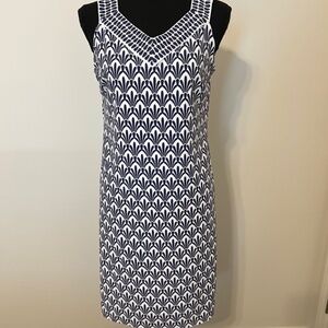 Talbots PM Womens V-Neck Navy & White Sleeveless Small Print Knit Dress Pull-On